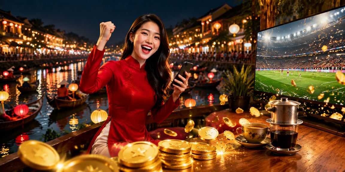 Người chơi tại Hội An xem ưu đãi đăng ký trên điện thoại với trang phục áo dài truyền thống